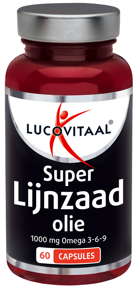 Lucovitaal lijnzaadolie capsules, dietary supplement containing omega fatty acids, shown in a bottle with capsules.