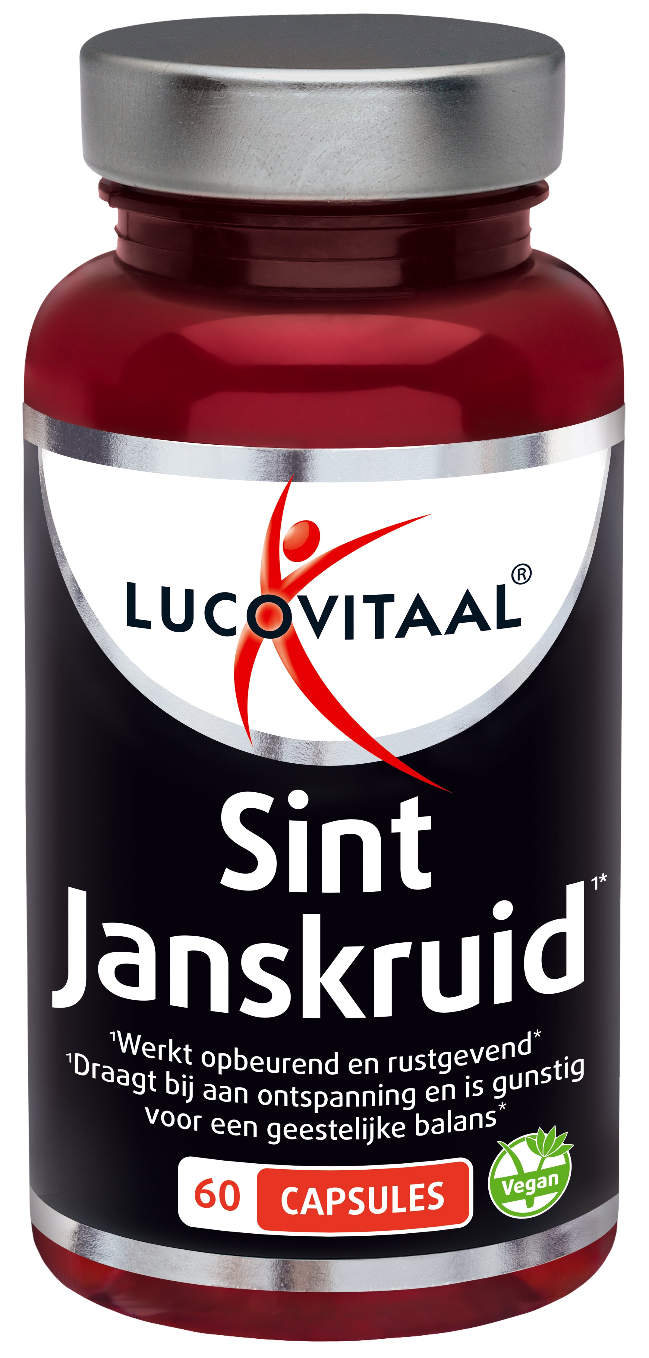 Lucovitaal Sint Janskruid capsules in a bottle, herbal supplement for mood support, with a label showing product details.