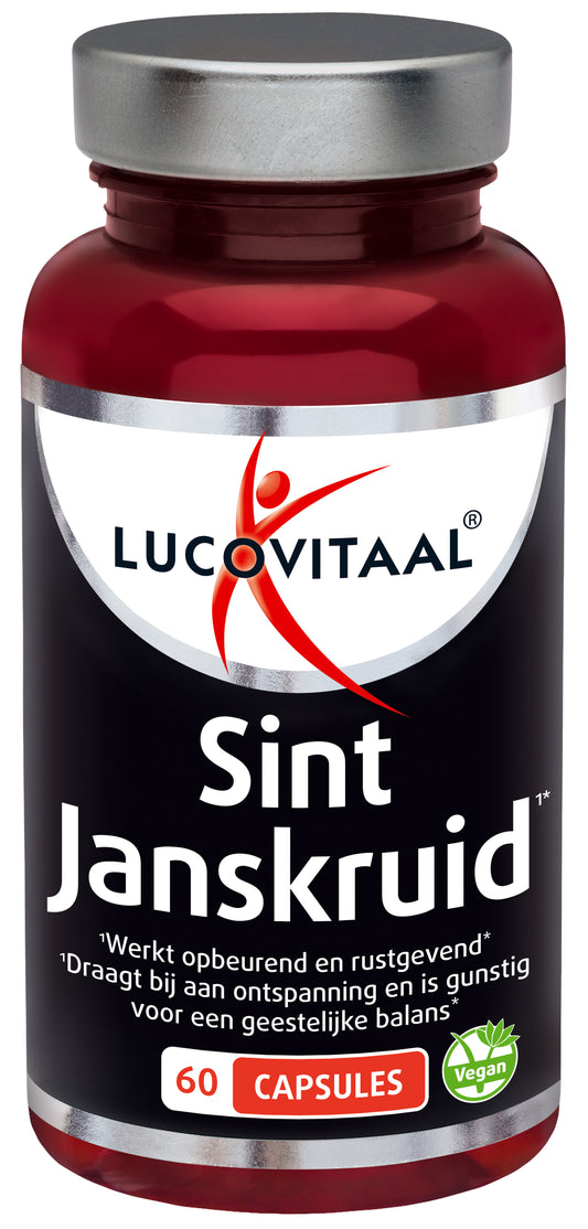 Lucovitaal Sint Janskruid capsules in a bottle, herbal supplement for mood support, with a label showing product details.