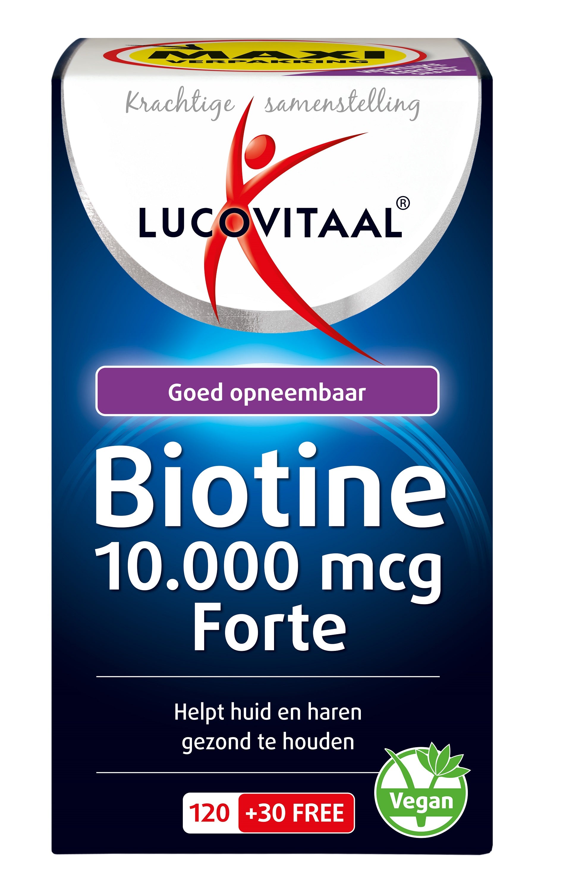 Lucovitaal Biotine Forte 150.00 chewable vitamin tablets, close-up of the bottle with tablets visible inside.