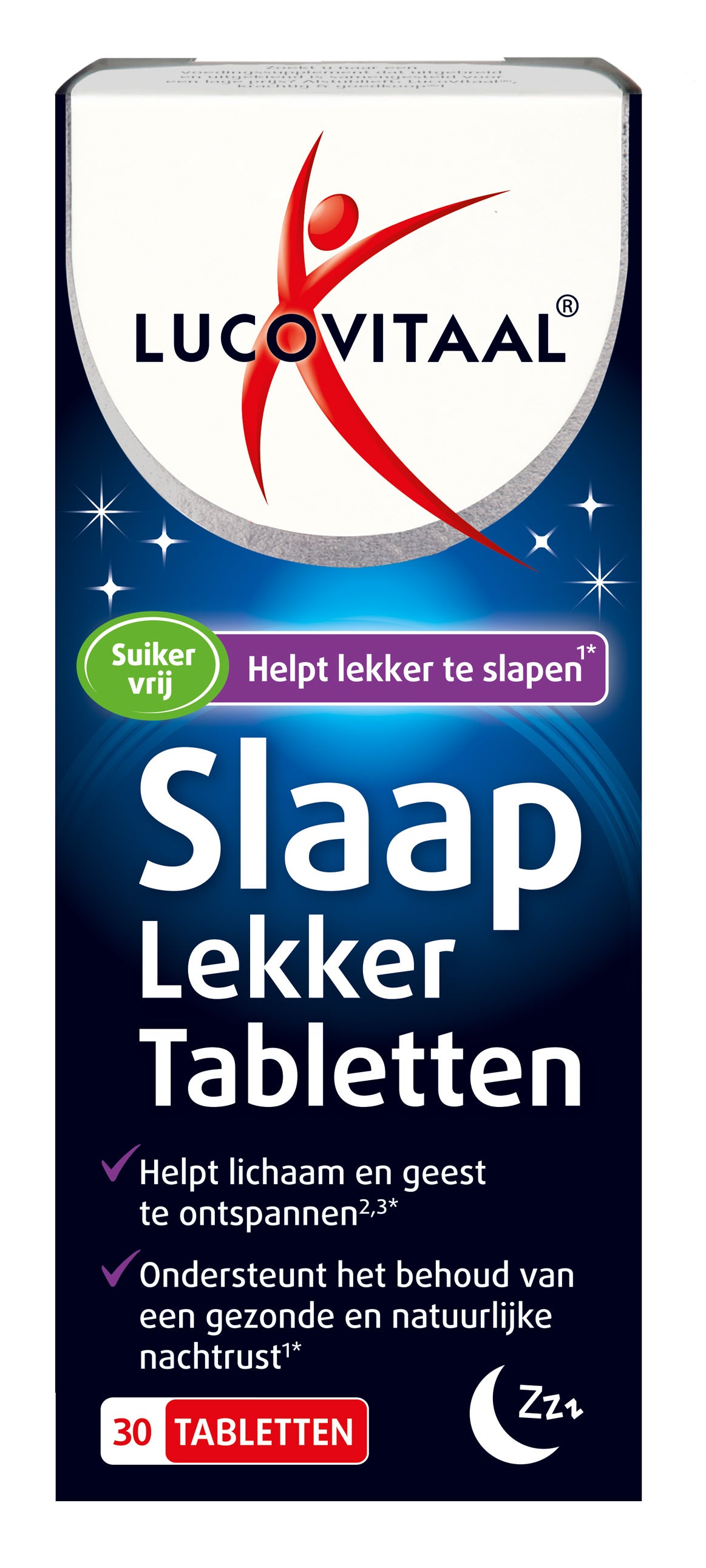 Lucovitaal Slaap Lekker herbal supplement bottle with 30 tablets, featuring natural herbal ingredients for better sleep.