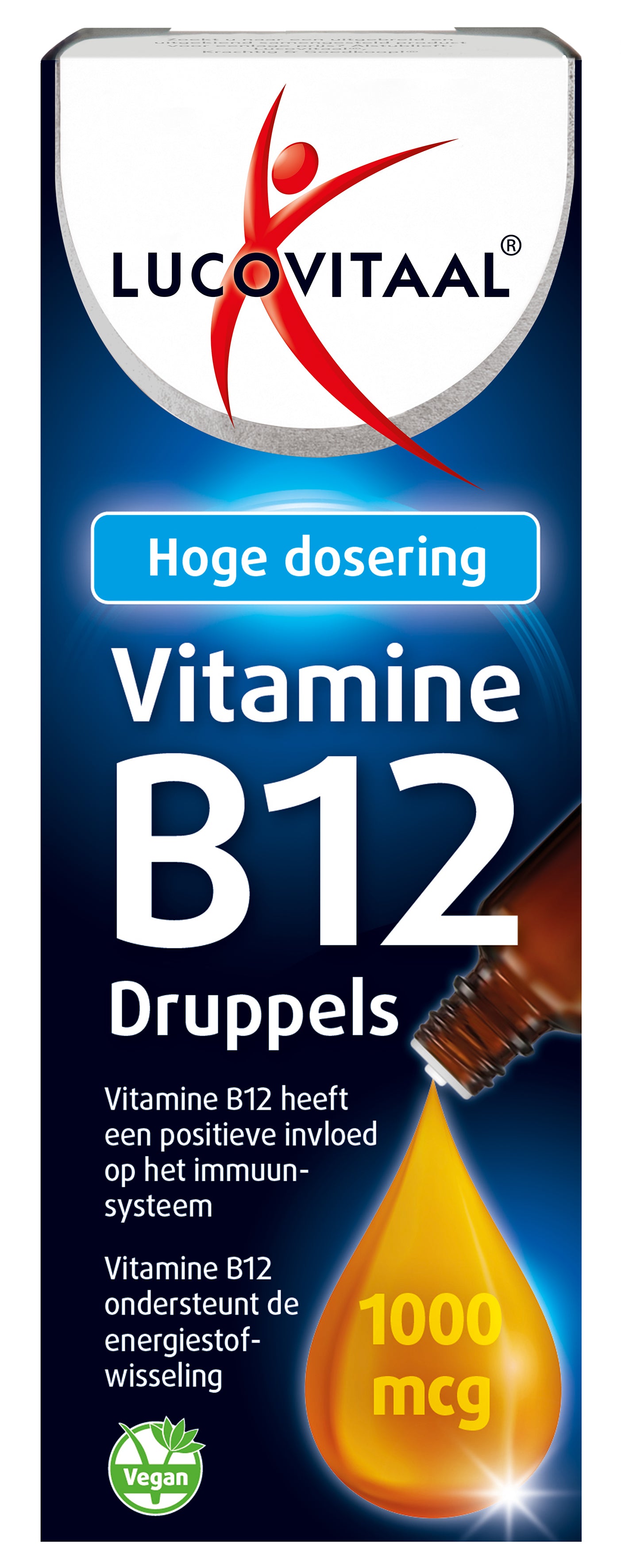 Lucovitaal Vitamine B12 druppels in a 50ml bottle, natural supplement for vitamin B12 intake, clear dropper bottle shown.