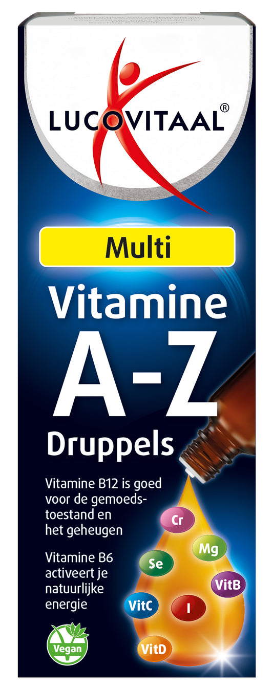 Lucovitaal Multi A t/m Z multivitamin drops in 50ml bottle, showing the supplement bottle and label.