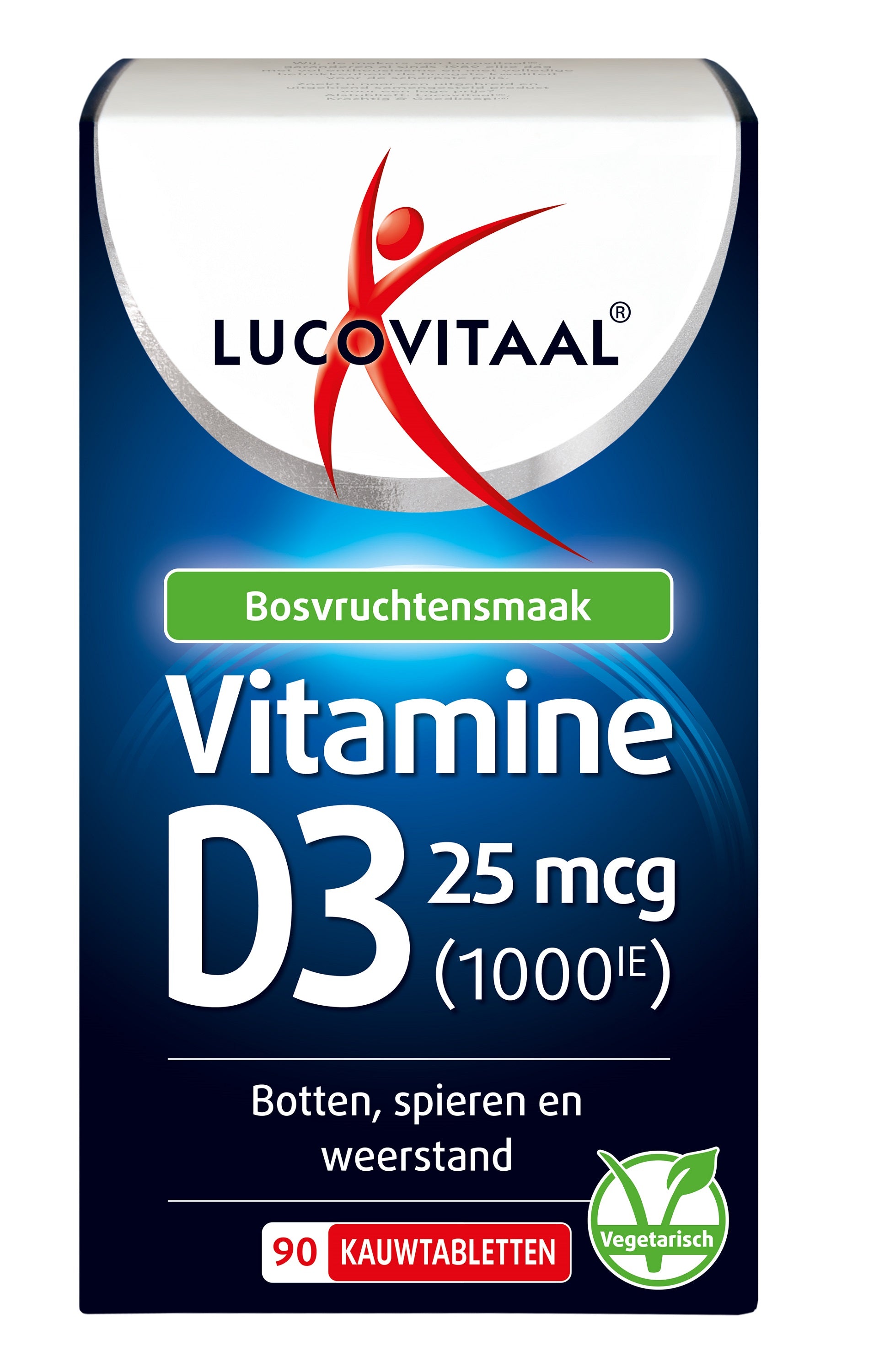 Lucovitaal Vitamine D3 25mcg chewable tablets, vitamin supplement in a blister pack, showing the packaging and tablets.