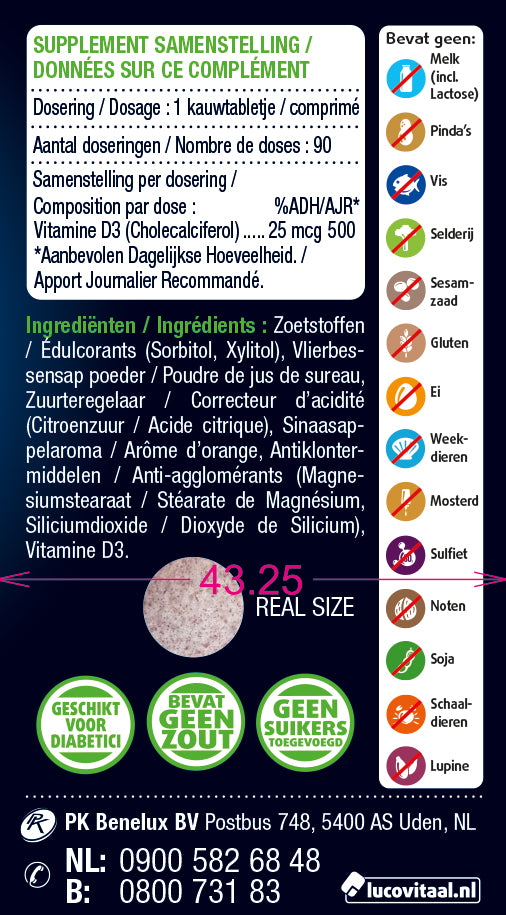 Lucovitaal Vitamine D3 25mcg chewable tablets, dietary supplement for immune support, displayed in a blister pack.