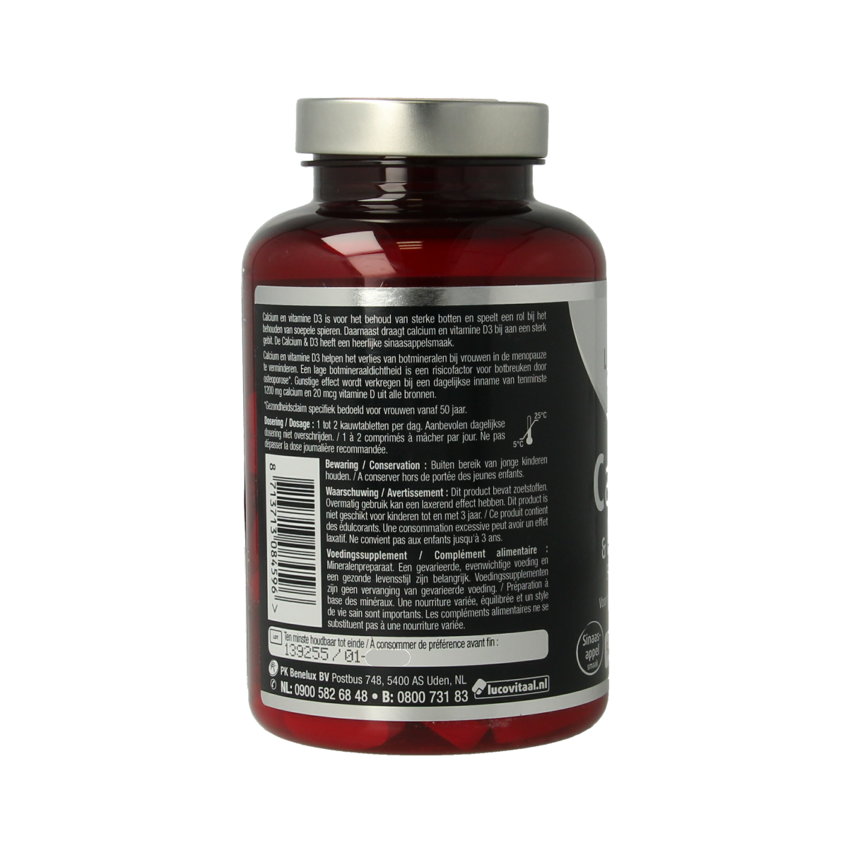 Lucovitaal Calcium 500mg and D3 20mcg chewable tablets, mineral supplement with vibrant packaging and tablets visible.