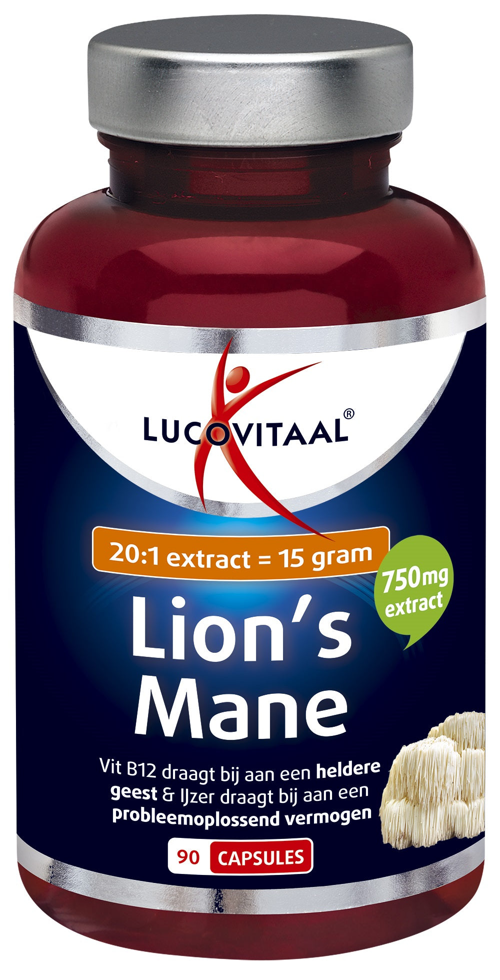 Lucovitaal Loins Mane herbal supplement capsules in a bottle, featuring natural ingredients for wellness.