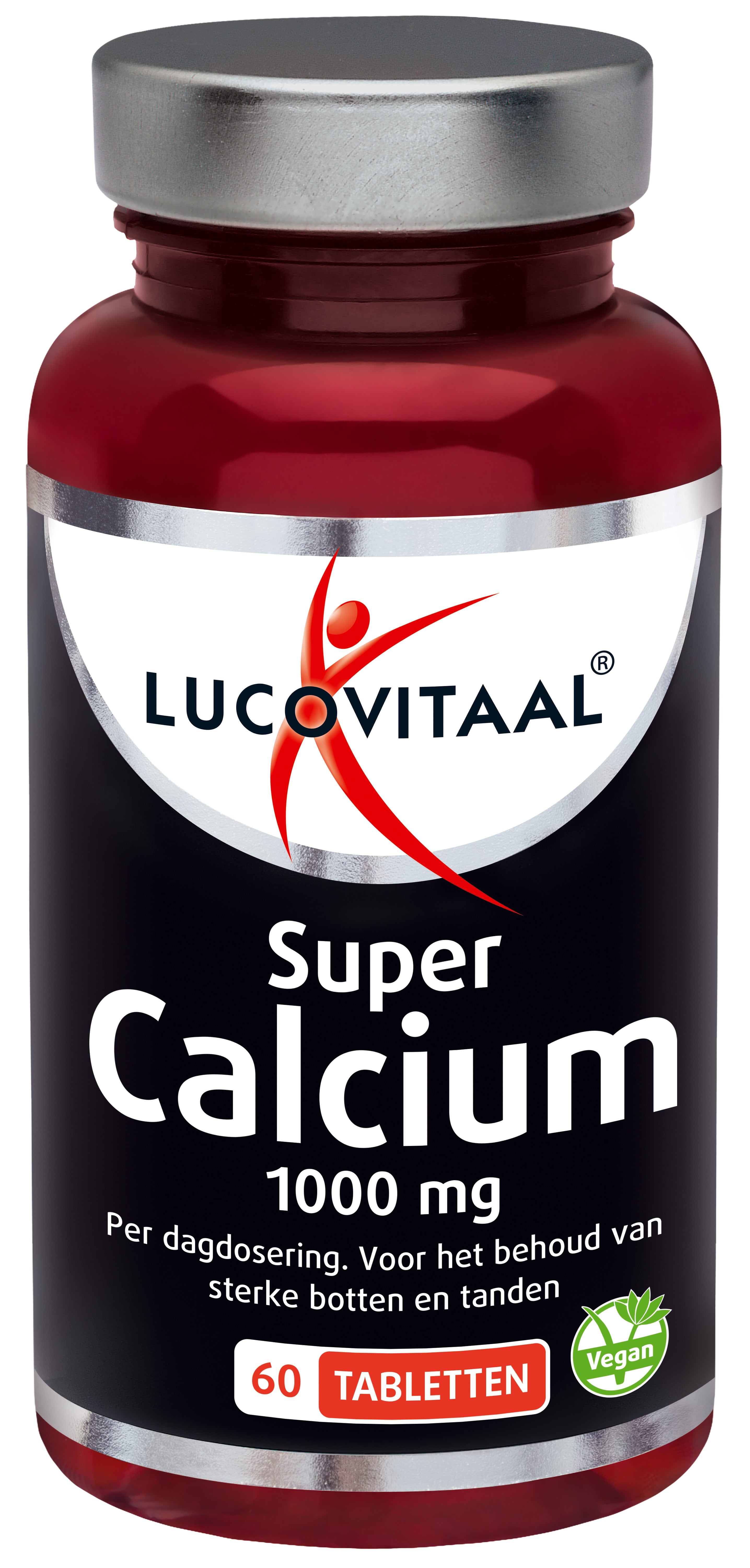 Lucovitaal Calcium Super 1000mg mineral tablets, showing a bottle with white tablets inside.