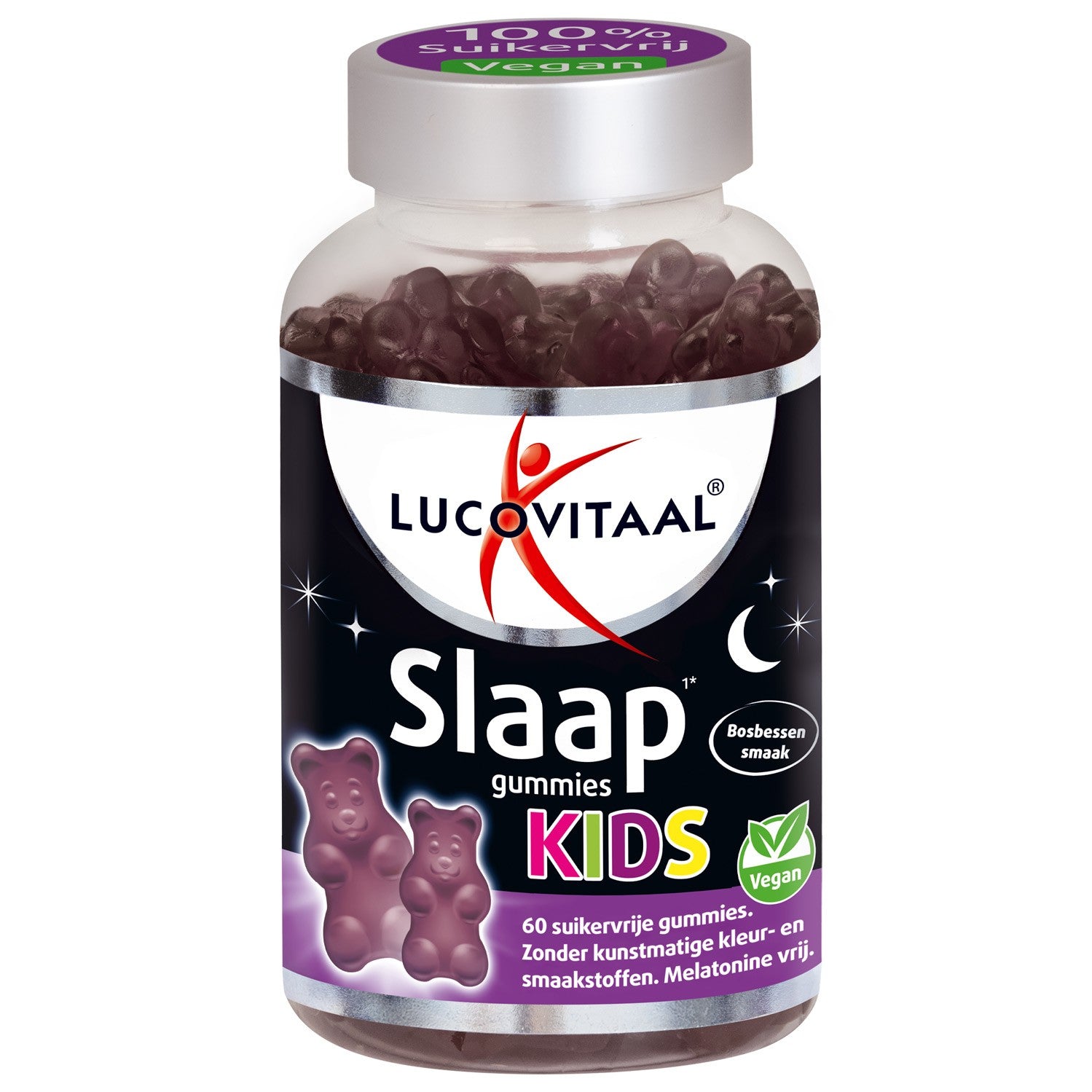 Lucovitaal Slaap Gummies for Kids with blueberry flavor, vegan herbal supplement, 60 gummies in a colorful bottle.