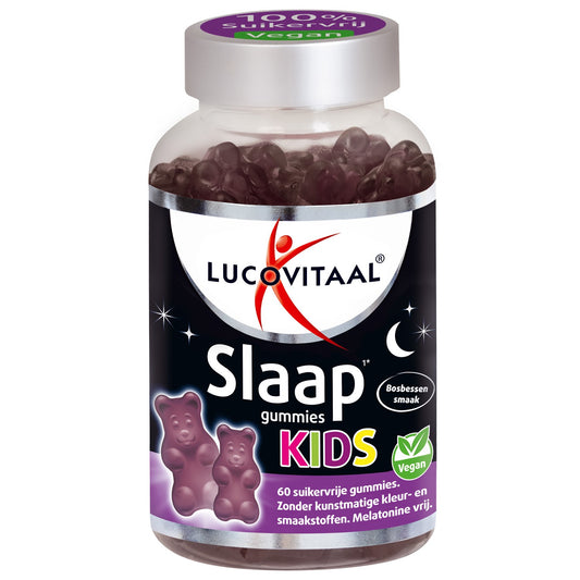 Lucovitaal Slaap Gummies for Kids with blueberry flavor, vegan herbal supplement, 60 gummies in a colorful bottle.