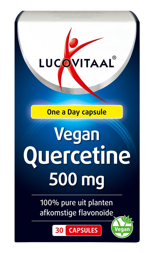 Vegan Quercetine 500mg capsules from Lucovitaal, herbal supplement in a clear bottle with 30 capsules.