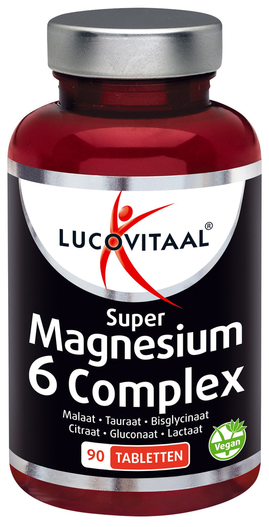 Lucovitaal Magnesium Super 6 Complex mineral tablets, 90-count, showing white capsules on a blister pack.