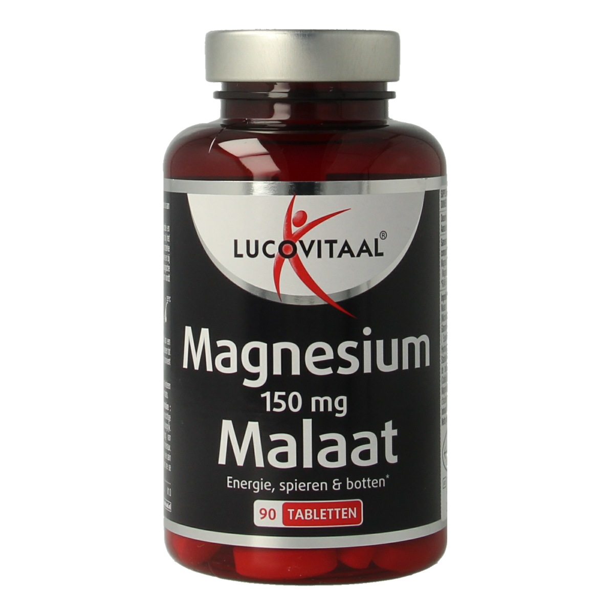 Lucovitaal Magnesium Malaat supplement in a bottle of 90 tablets, showing the product label and tablets inside.
