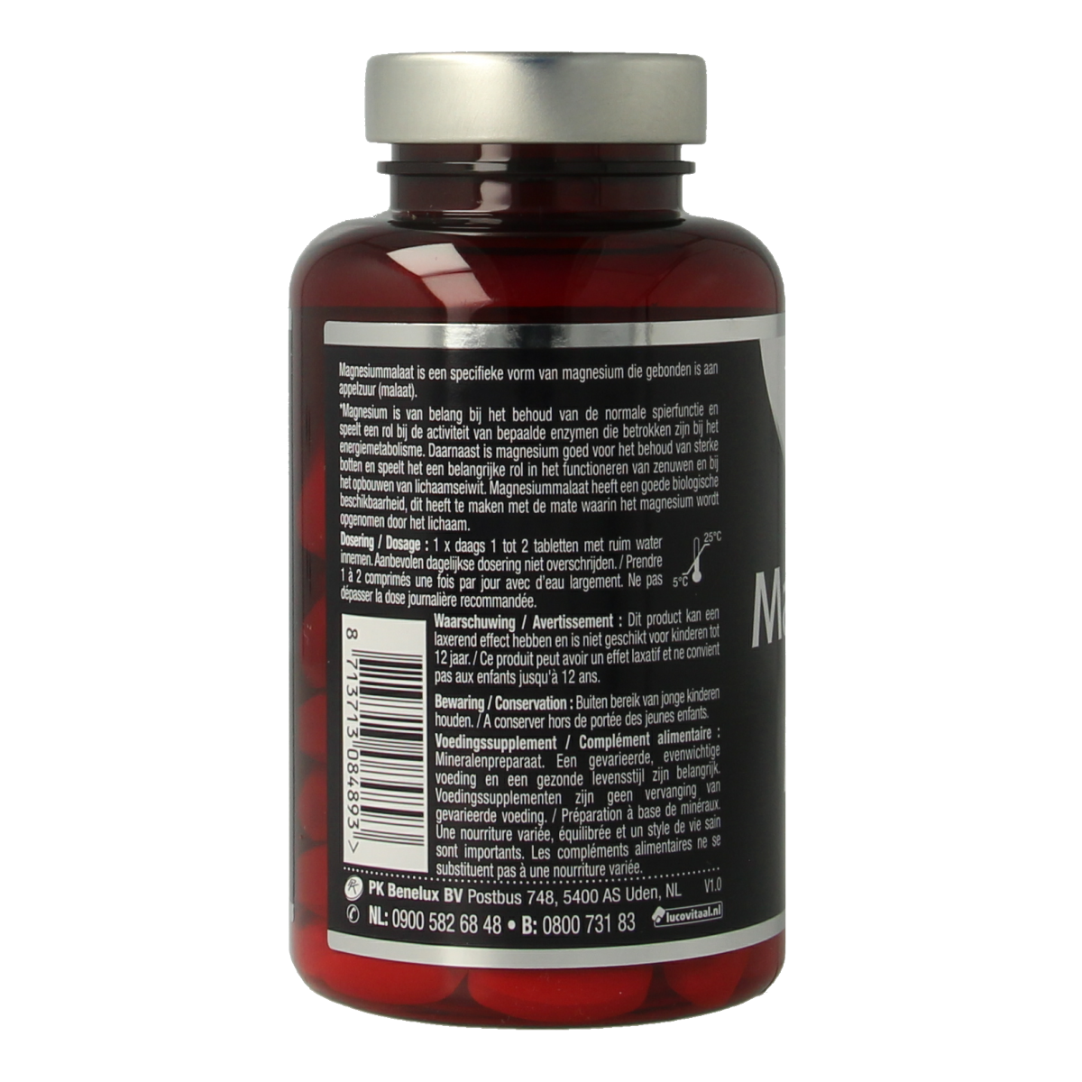 Lucovitaal Magnesium Malate supplement bottles with 90 tablets, featuring a white and green label and supplement details.