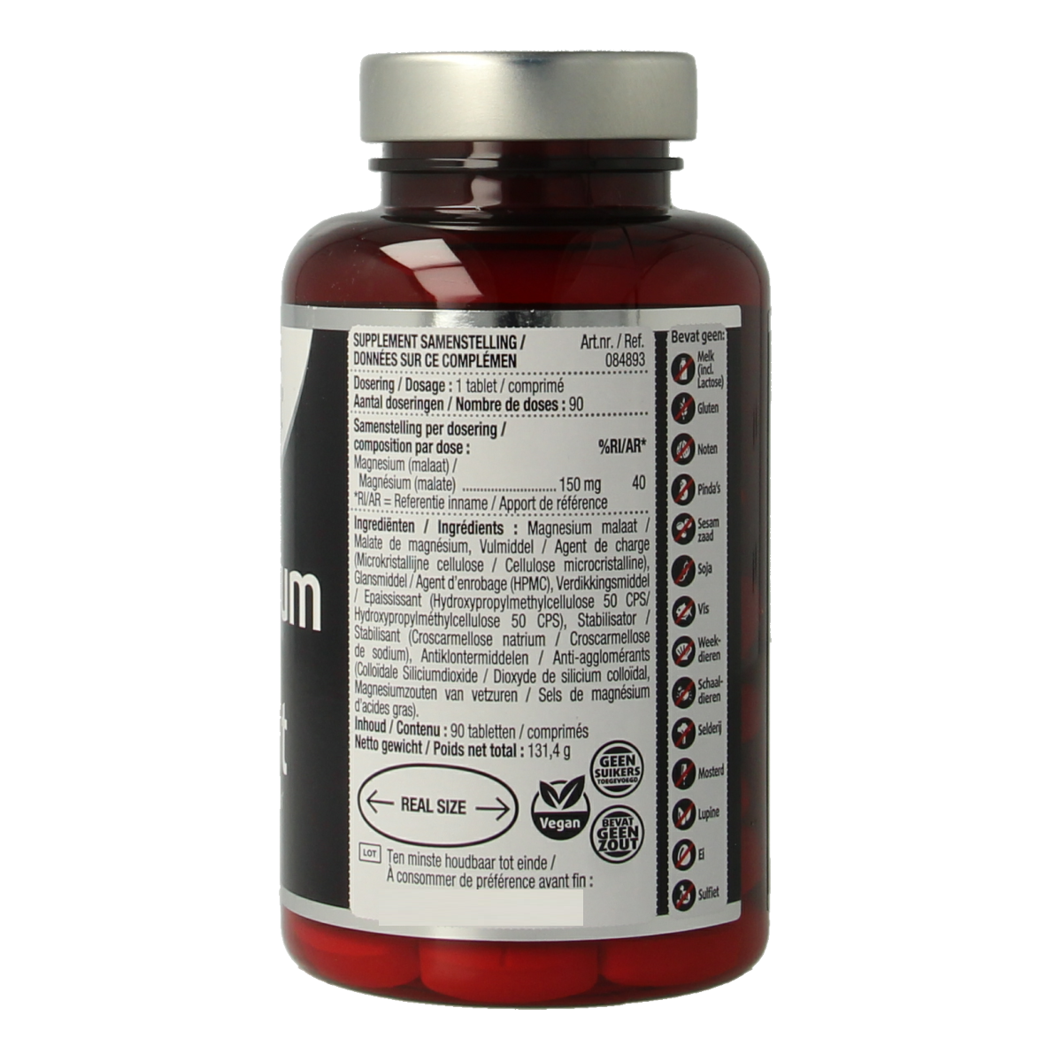 Lucovitaal Magnesium Malaat supplement bottles with 90 tablets, showing the label and product packaging.