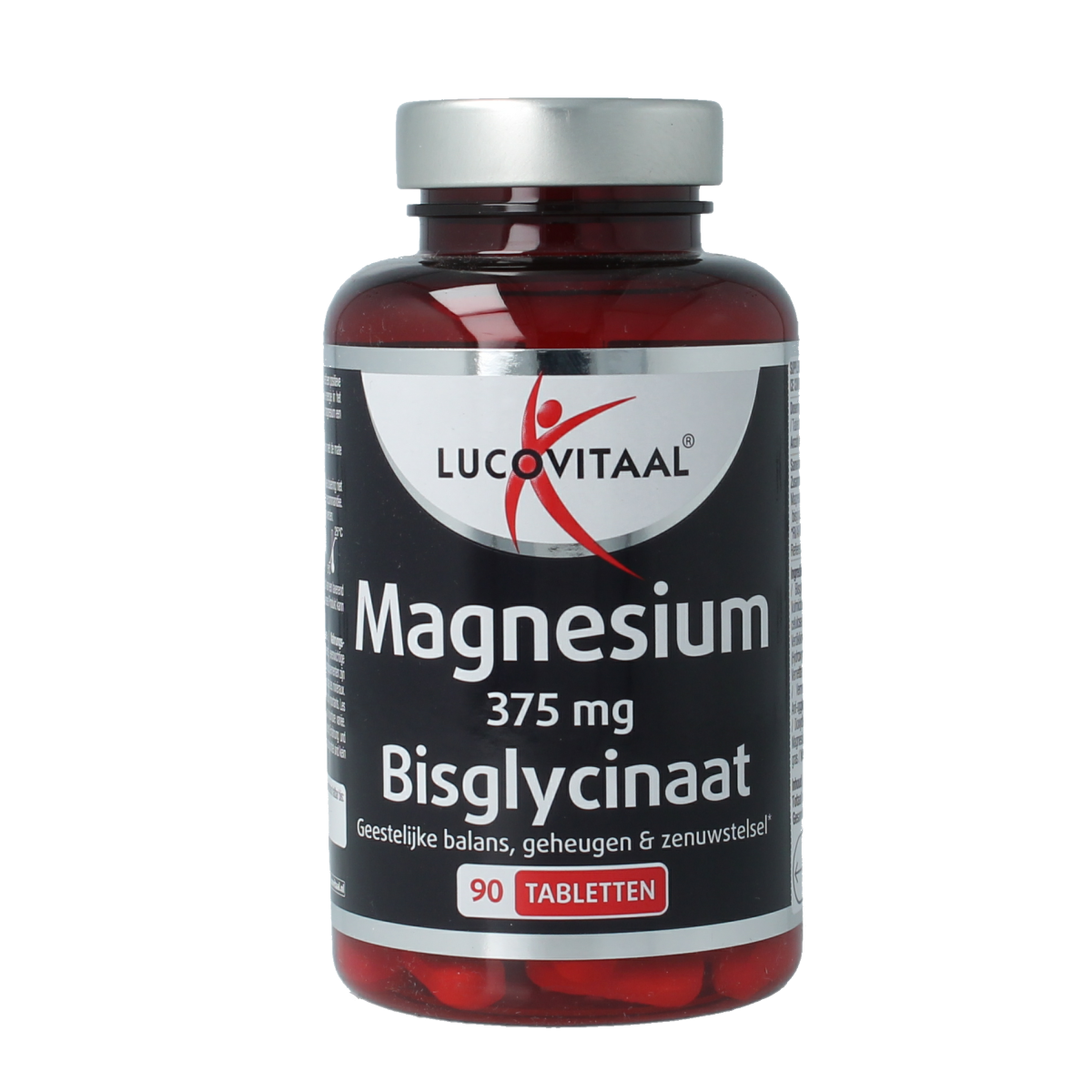 Lucovitaal Magnesium 375mg bisglycinaat supplement in a bottle with 90 tablets, showing the label and tablets inside.