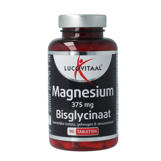 Lucovitaal Magnesium 375mg bisglycinaat supplement in a bottle with 90 tablets, showing the label and tablets inside.