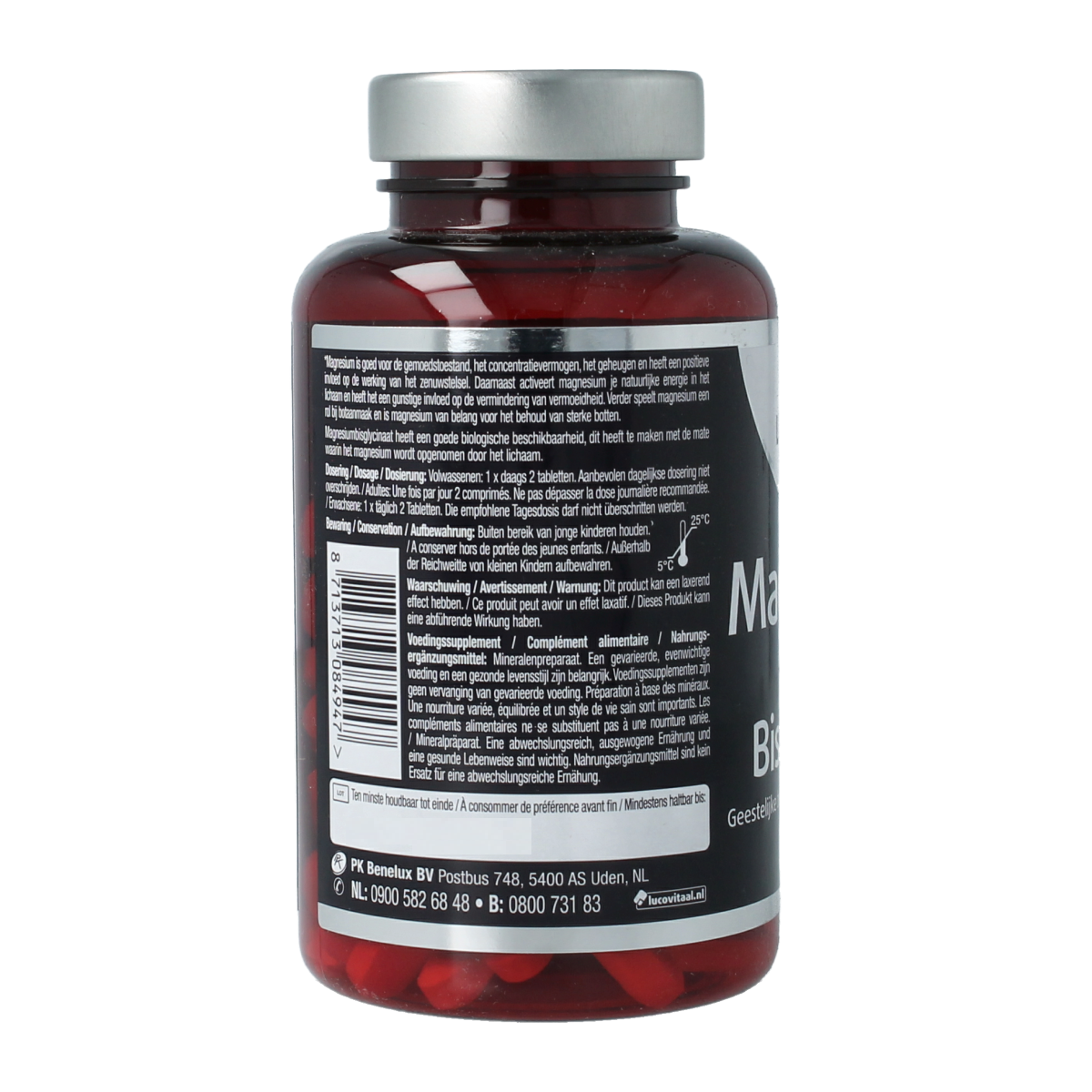 Lucovitaal Magnesium 375mg bisglycinaat mineral tablets, 90 count, showing the supplement bottle and tablets on a white background.