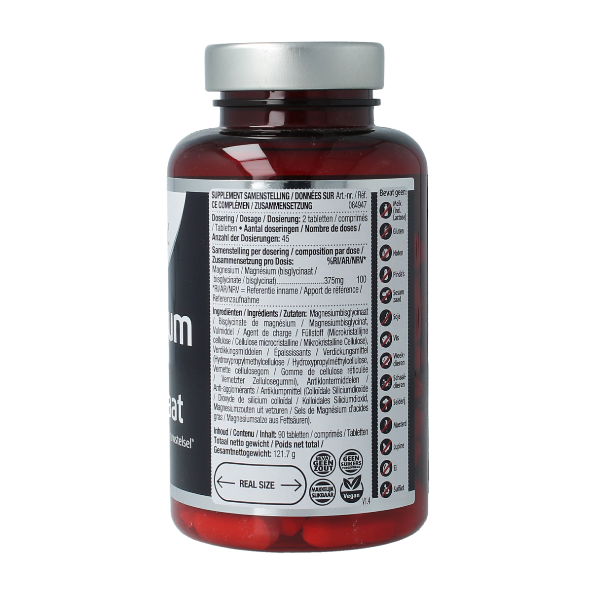 Lucovitaal Magnesium 375mg bisglycinaat supplement with 90 tablets, featuring mineral tablets in a blister pack.