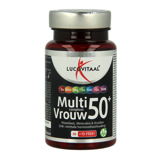 Lucovitaal Multi Compleet Vrouw 50+ vitamin supplement bottle with 40 tablets, showing the label and packaging.