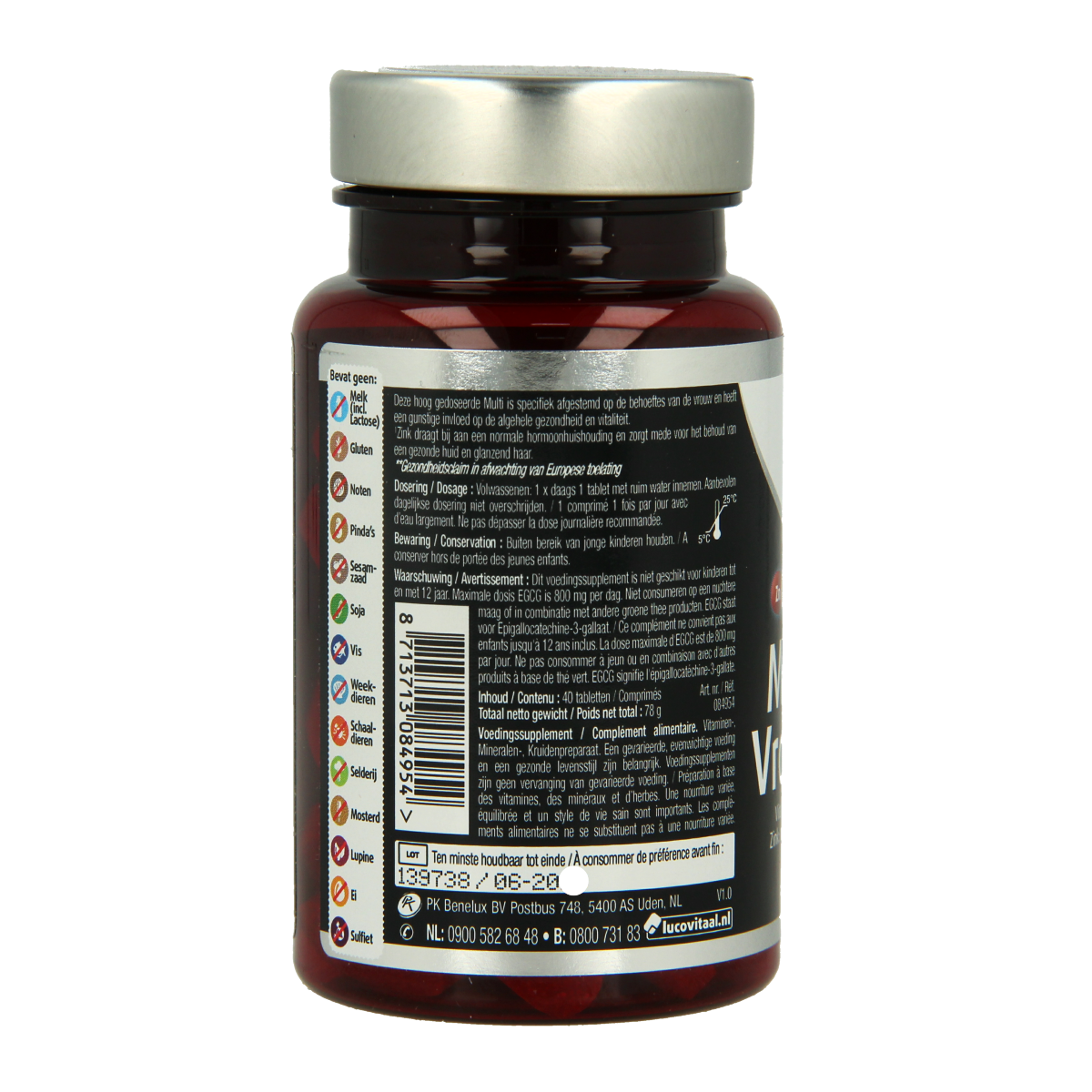 Lucovitaal Multi Compleet Vrouw 50+ vitamin supplement in a bottle of 40 tablets with colorful packaging.