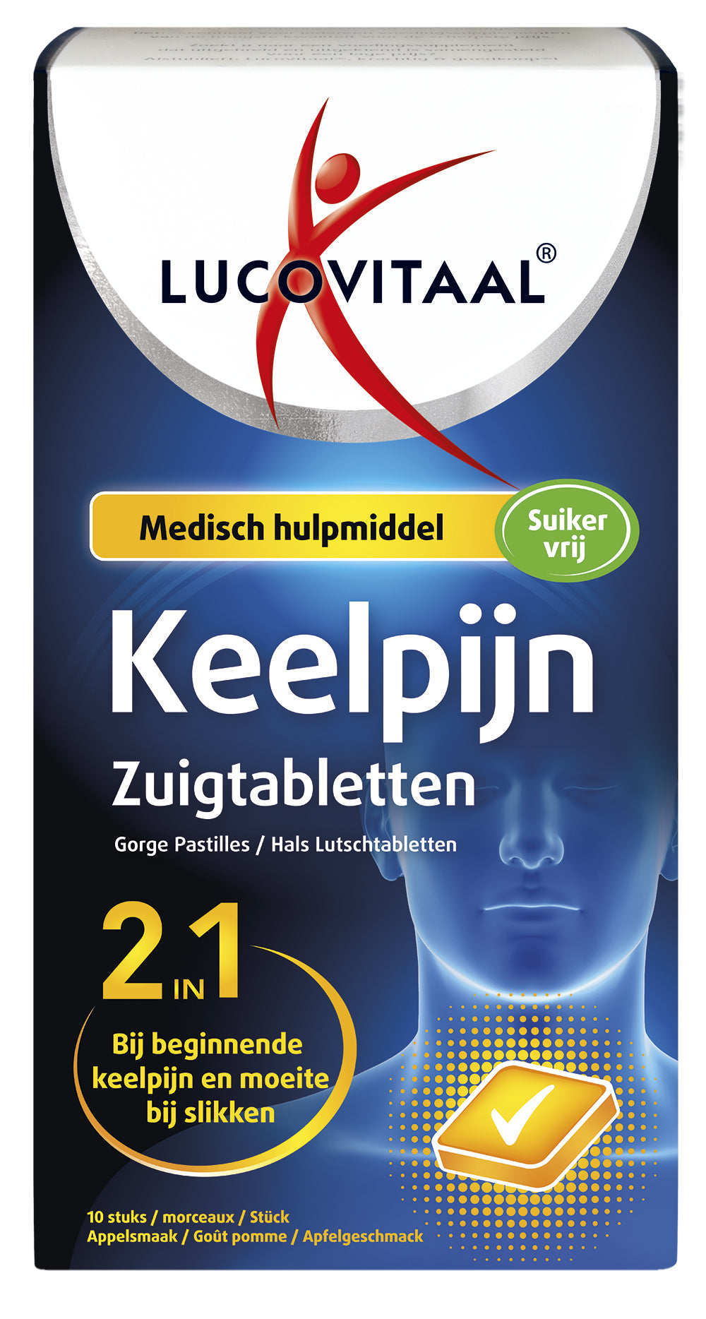 Lucovitaal Keelpijn 2 in 1 throat lozenges in a blister pack for sore throat relief and throat care.