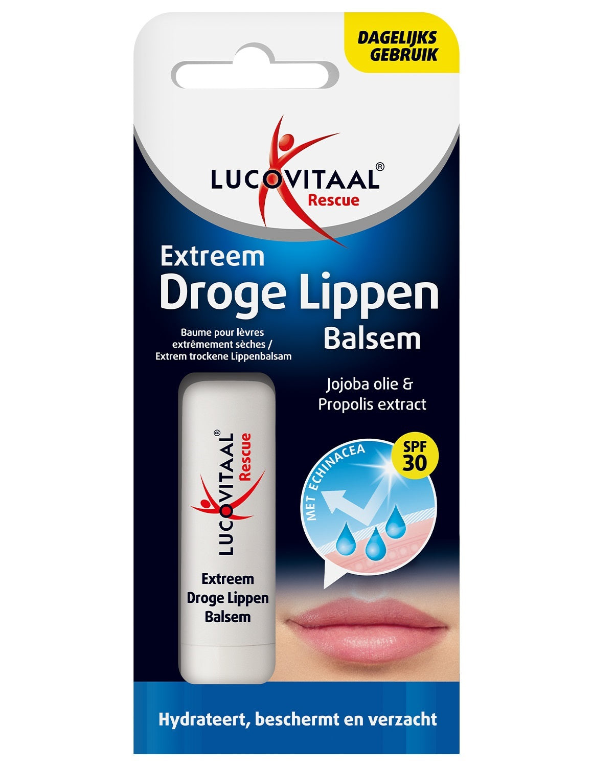 Lucovitaal rescue lip balm for very dry lips, 5 grams of nourishing lip care in a small tube.