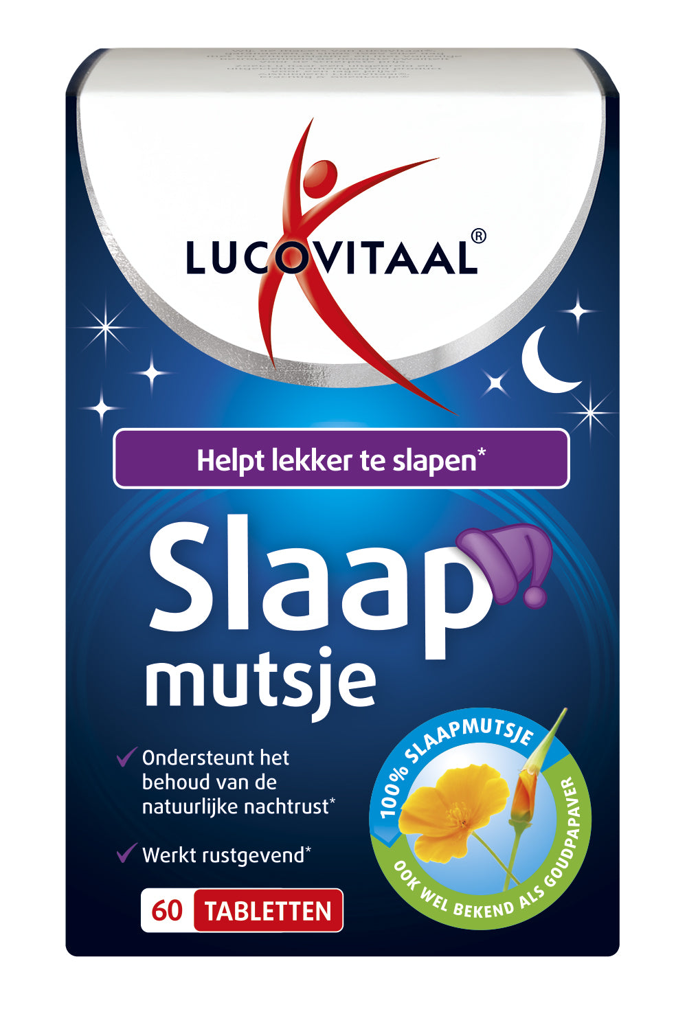 Lucovitaal Slaapmutsje herbal supplement bottles with 60 tablets, featuring natural extract ingredients for sleep support.