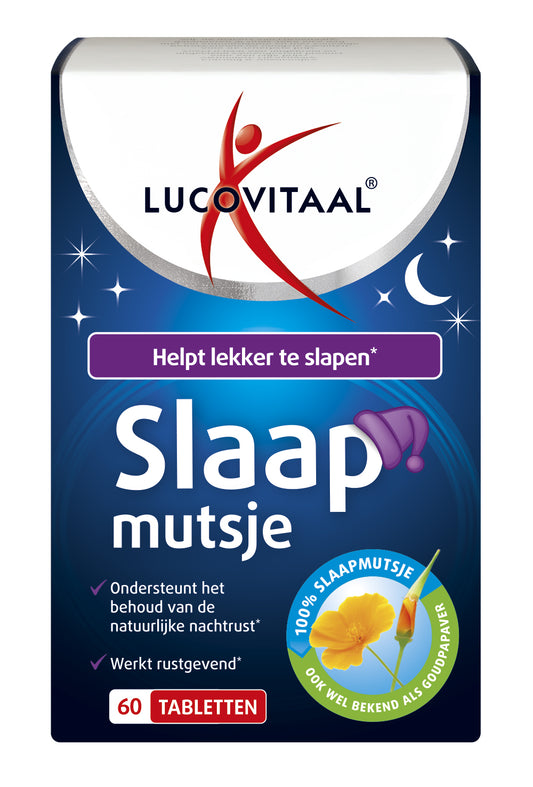 Lucovitaal Slaapmutsje herbal supplement bottles with 60 tablets, featuring natural extract ingredients for sleep support.
