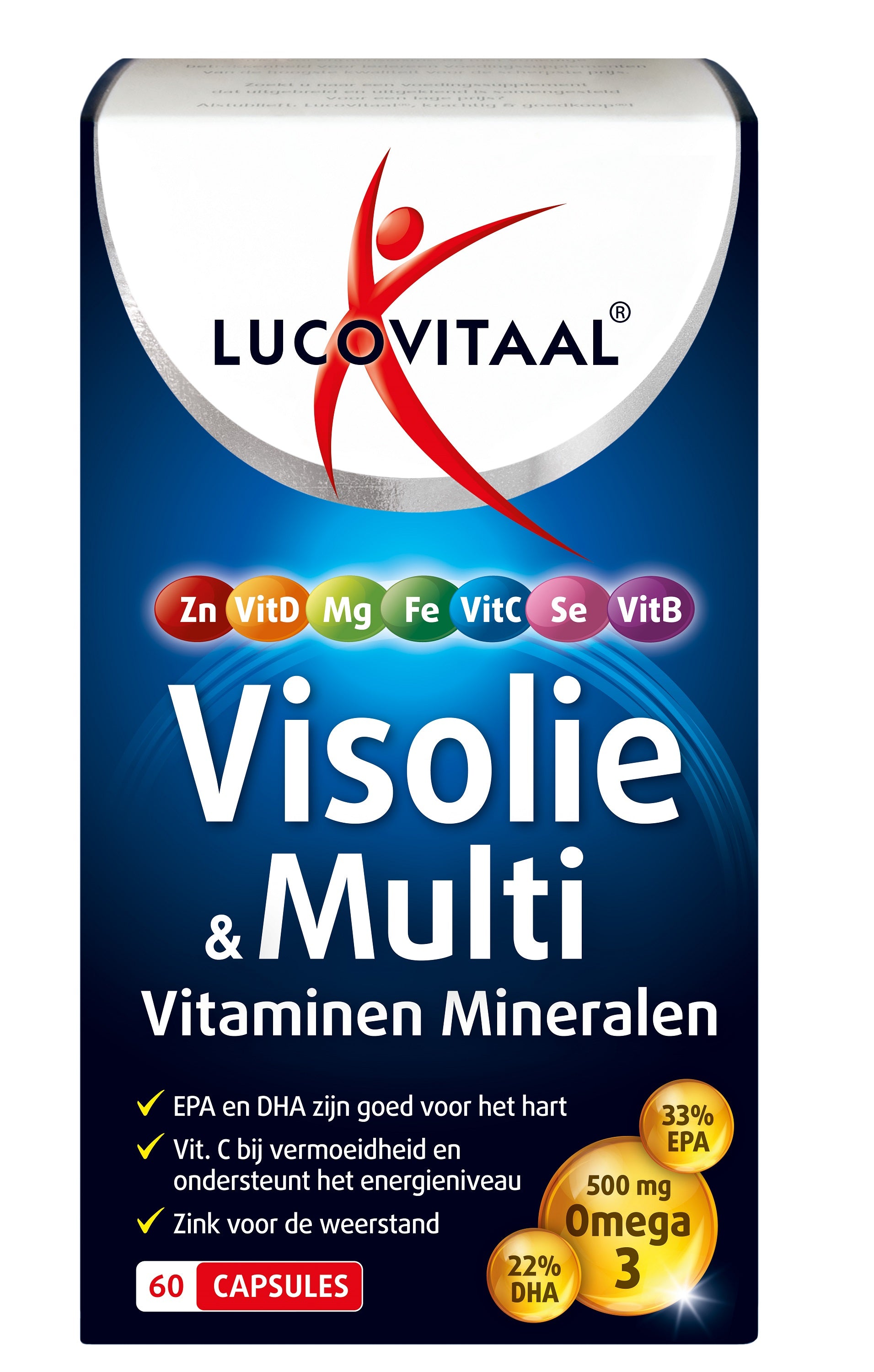 Lucovitaal Visolie en multivitaminen capsules in een witte pot, voedingssupplementen en kruidenpreparaten, 60 capsules.