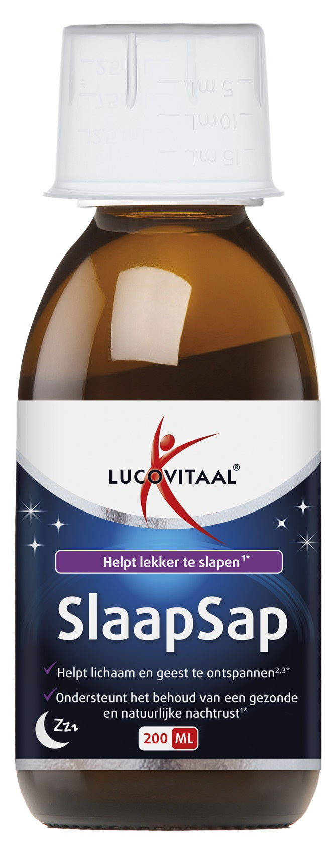 Lucovitaal Slaapsap herbal remedy in 200ml bottle, featuring natural herbs for sleep support, shown in a clear glass bottle.