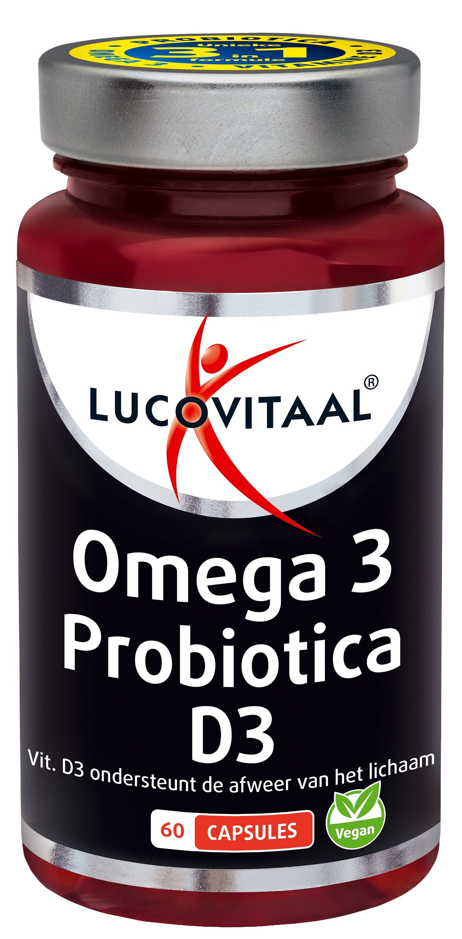 Vegan Omega 3, probiotics, and D3 capsules by Lucovitaal, showing a bottle of 60 dietary supplement capsules on a white background.