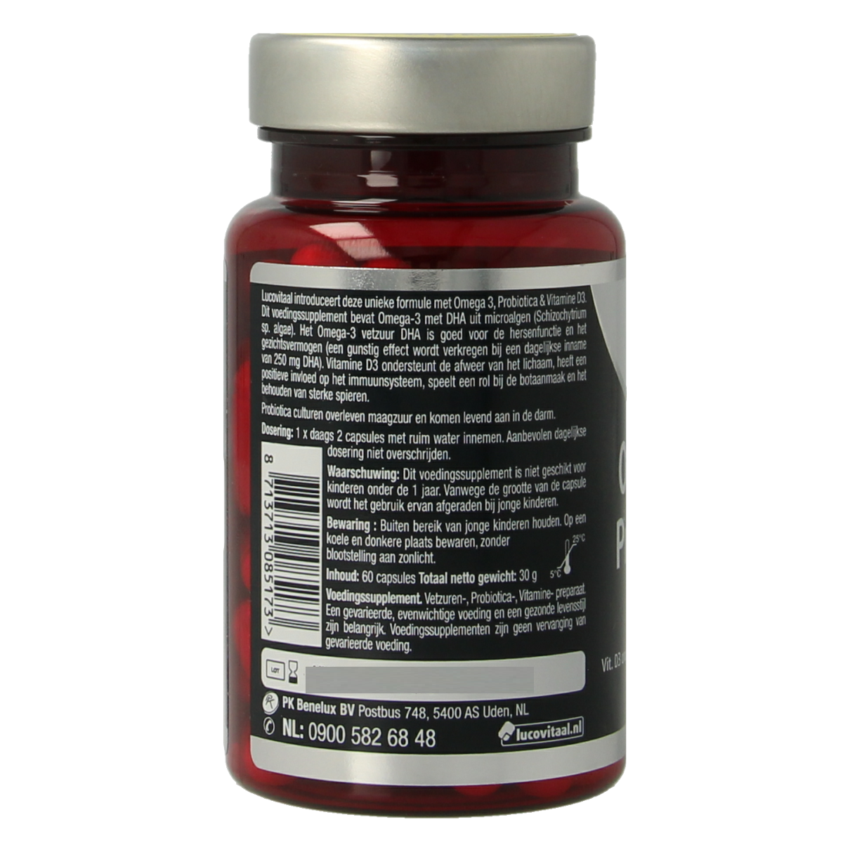 Vegan Omega 3, probiotics, and D3 capsules by Lucovitaal, shown in a bottle with 60 capsules on the label