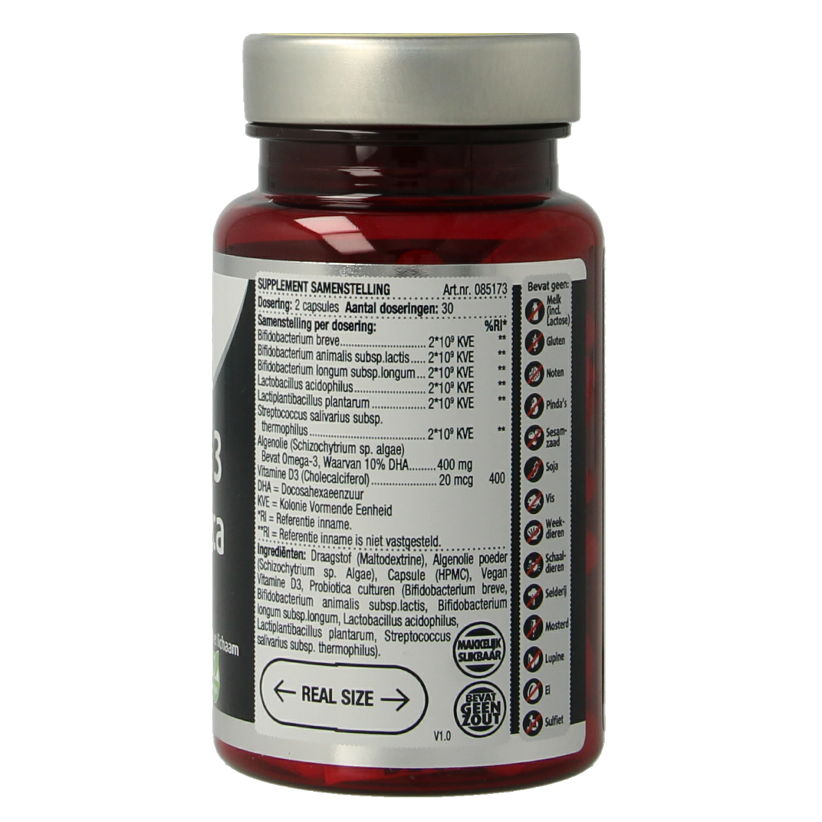 Vegan Omega 3, Probiotics, and D3 capsules by Lucovitaal, showing a bottle of 60 dietary supplement capsules.