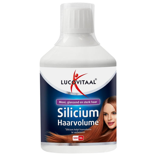 Lucovitaal Silicum haarvolume supplement in a 500ml bottle, promoting hair growth and strengthening hair strands.