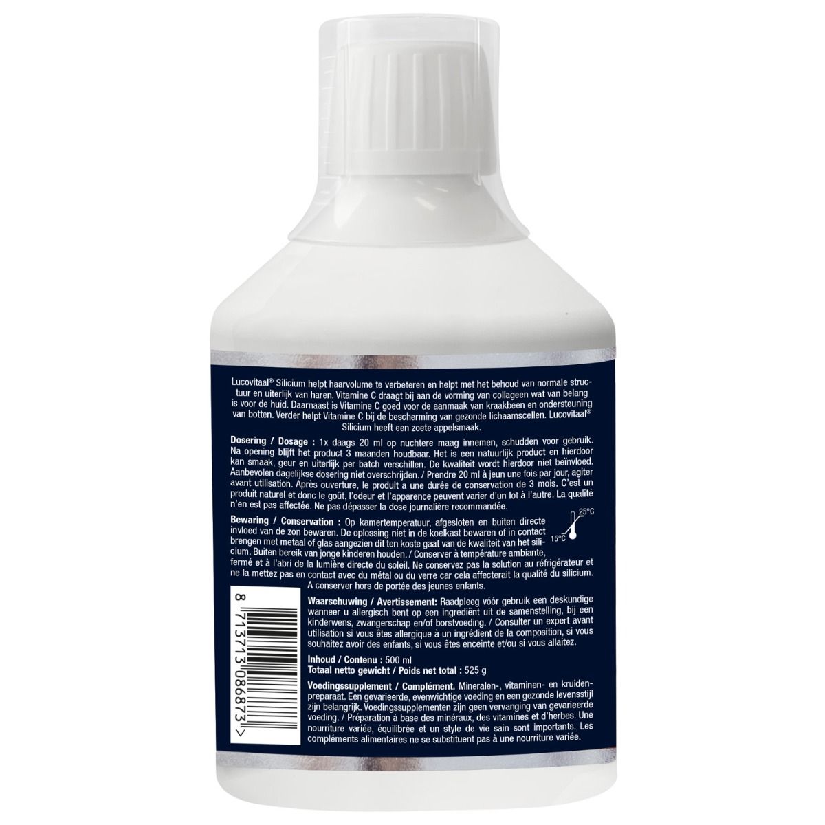 Lucovitaal Silicum haarvolume voedingssupplement bottle with label, 500ml, for strengthening hair and promoting hair growth.