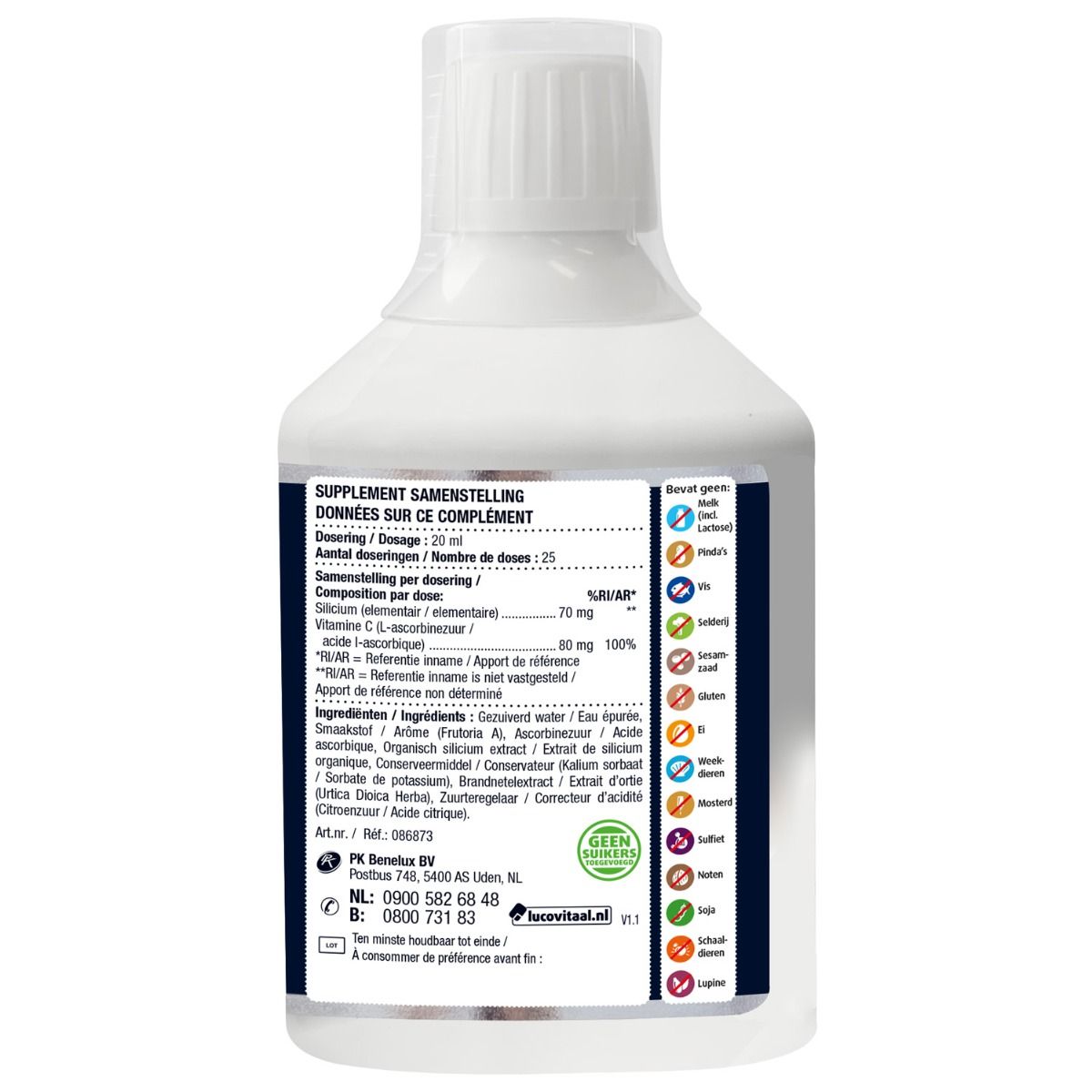 Lucovitaal Silicum haarvolume voedingssupplement in 500ml bottle, natural herbal supplement for hair health and volume