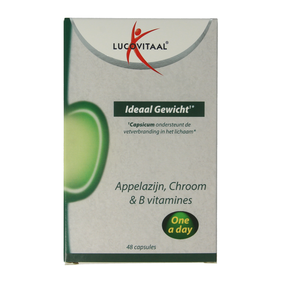 Lucovitaal Ideaal Gewicht appelazijn capsules, herbal supplement in a white bottle with a label, 48 capsules for weight management.