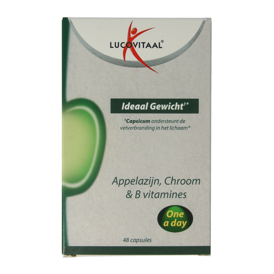 Lucovitaal Ideaal Gewicht appelazijn capsules, herbal supplement in a white bottle with a label, 48 capsules for weight management.
