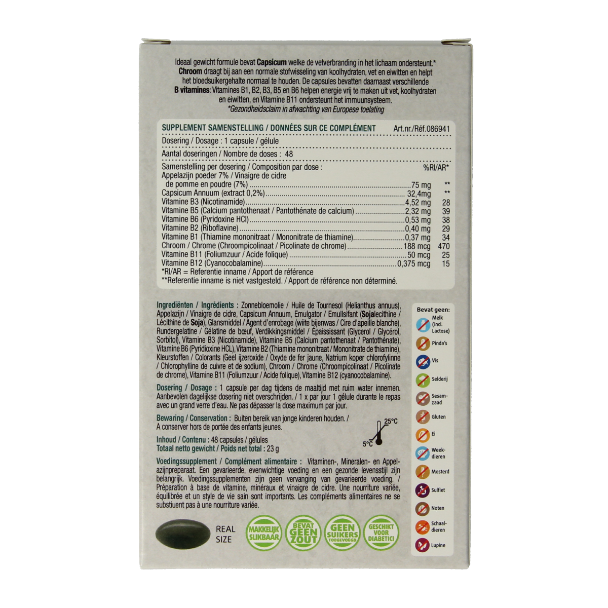 Lucovitaal Ideaal Gewicht appelazijn capsules, herbal supplement in a bottle, with 48 capsules for weight management.