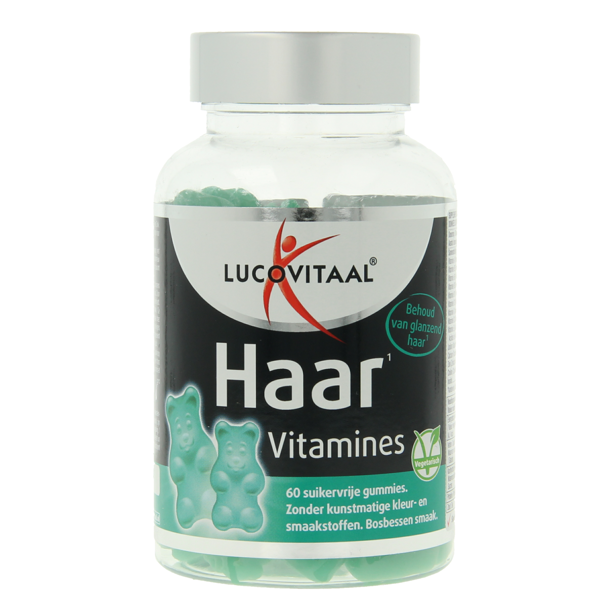 Lucovitaal Haar Vitamine Gummies, multivitamin supplement for hair health, featuring colorful gummy vitamins in a clear container.