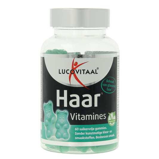 Lucovitaal Haar Vitamine Gummies, multivitamin supplement for hair health, featuring colorful gummy vitamins in a clear container.