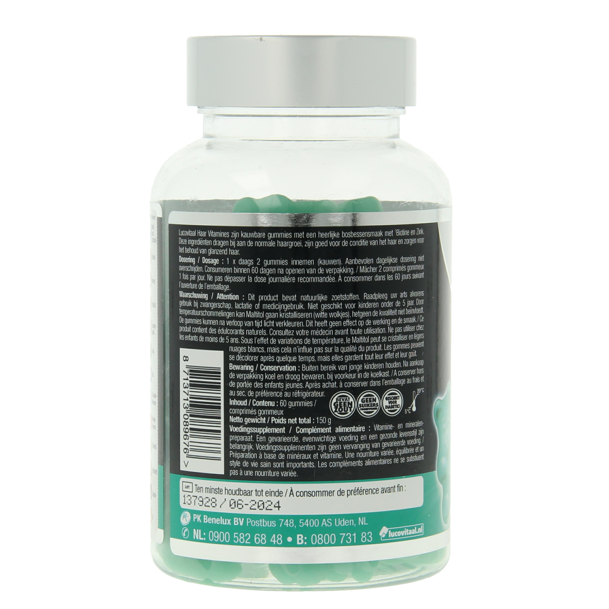Lucovitaal Haar Vitamine Gummies, multi-vitamin supplement for hair health, in a transparent container with 60 gummies.