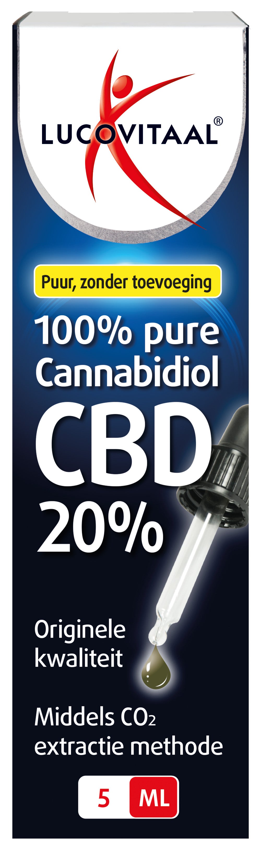 Bottle of Lucovitaal CBD olie 20% herbal supplement in a 5ml container, with dropper cap for easy dosing.