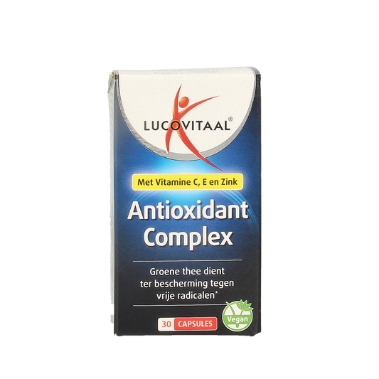 Lucovitaal Antioxidant Complex multivitamin capsules in a bottle, showing 30 capsules for daily antioxidant and vitamin support