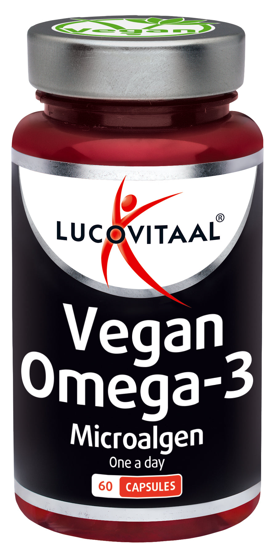 Vegan Omega-3 microalgae capsules by Lucovitaal, vegetarian dietary supplement in a bottle of 60 capsules.