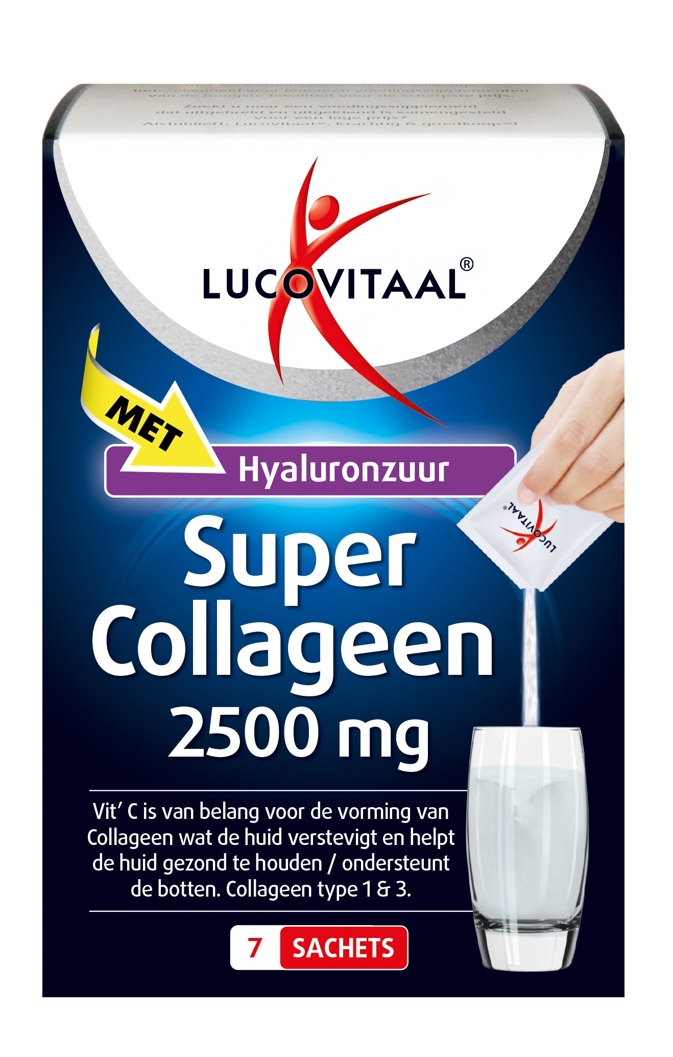 Lucovitaal Super Collageen herbal supplement sachets, featuring 7.00 servings, in packaging with herbal ingredients and branding.
