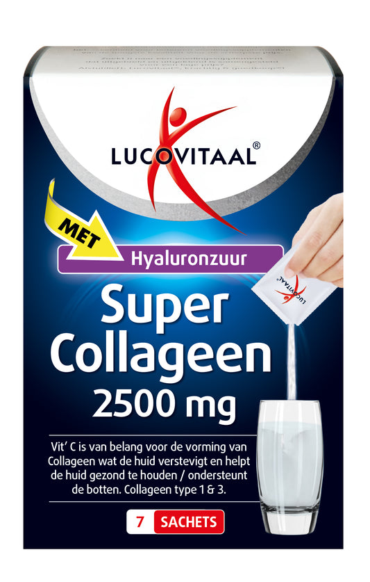 Lucovitaal Super Collageen herbal supplement sachets, featuring 7.00 servings, in packaging with herbal ingredients and branding.