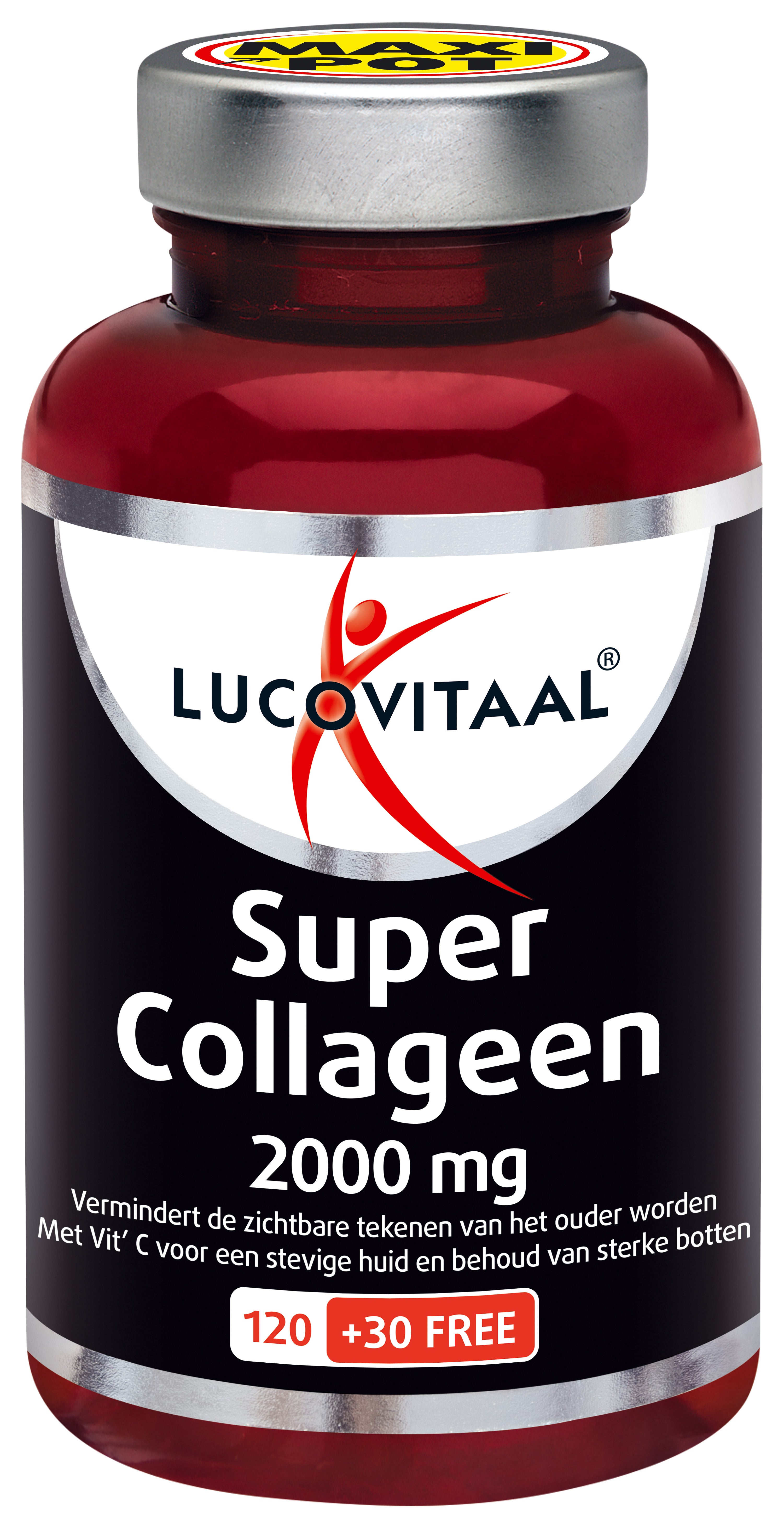 Bottle of Lucovitaal Super Collageen 150 tablets, herbal supplement, with label showing product name and tablet count.