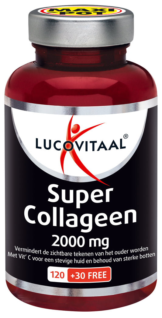 Bottle of Lucovitaal Super Collageen 150 tablets, herbal supplement, with label showing product name and tablet count.